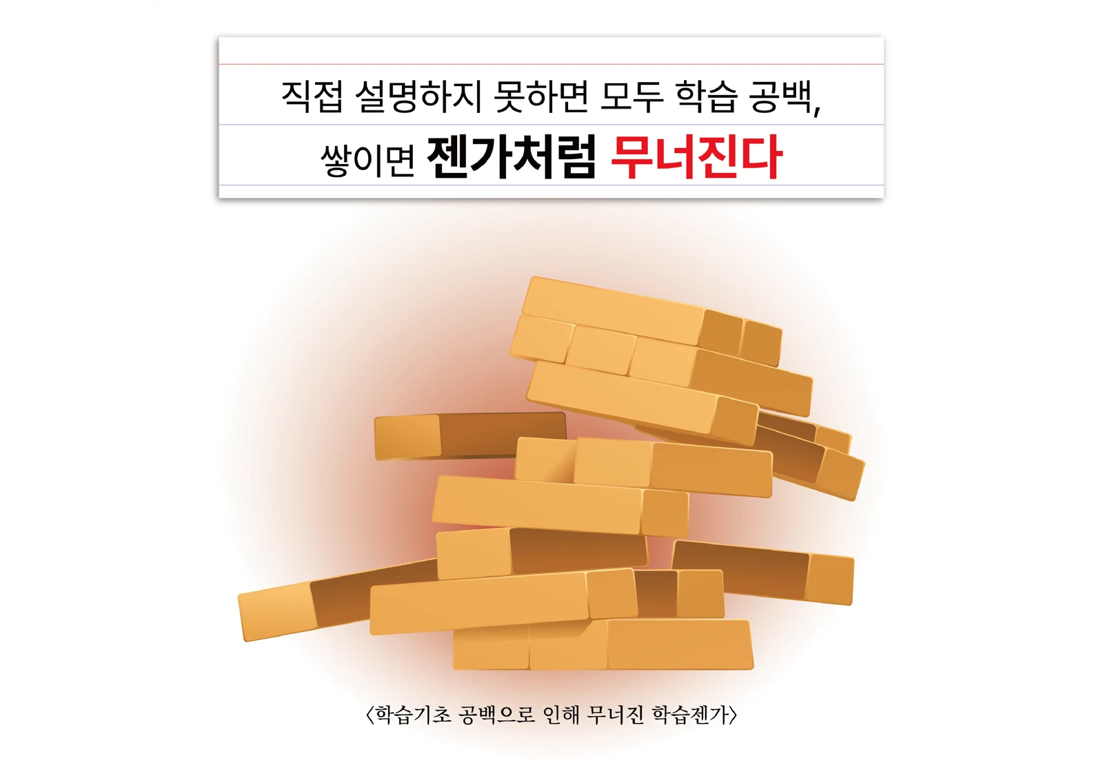 개념 블록의 빈틈과 무너지는 젠가를 비교한 학습 공백 비유.