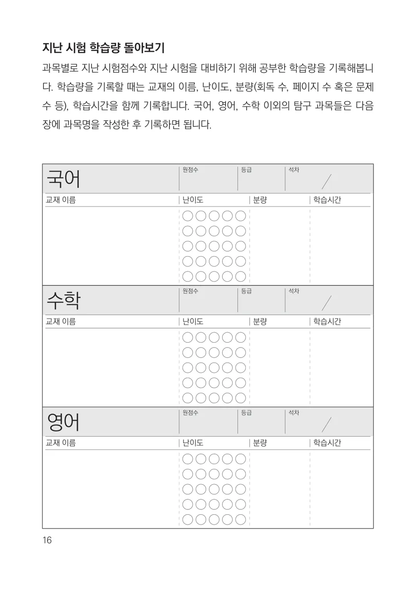 플래너의 지난 시험 학습량 돌아보기 양식. 과목별 교재·시간 칸