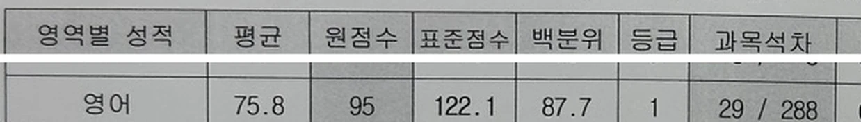 고3 7월 학력평가 성적표의 영어 줄. 원점수 95, 표준점수 122.1, 백분위 87.7, 1등급, 과목석차 29 / 288